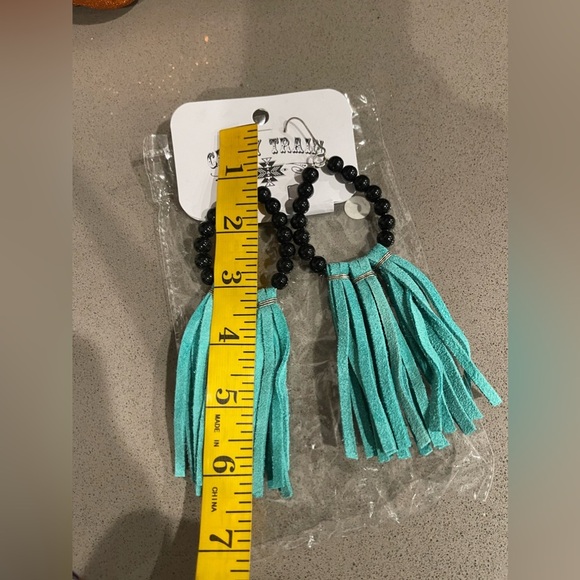 NWT Crazy train turquoise fringe leather bead earrings - Picture 2 of 6